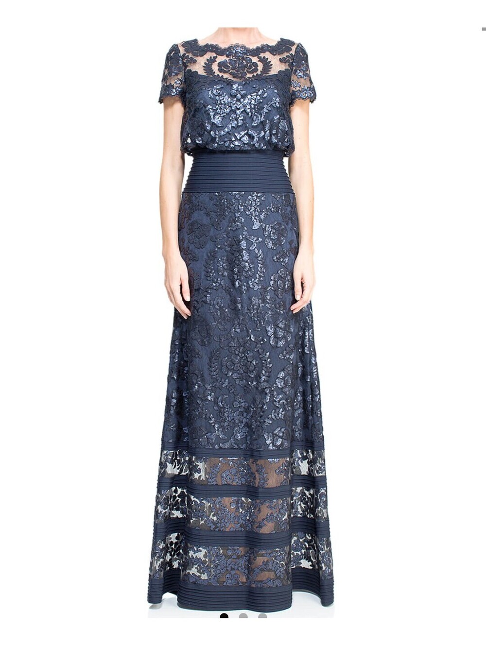 TADASHI SHOJI navy blouson waist paillette maxi sequin dress sz 8